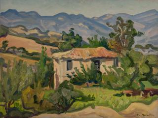 Velina, Farmhouse, Trees, Mountains — Oil painting, Canvas, 46.00×61.00cm — Theodoros Markellos